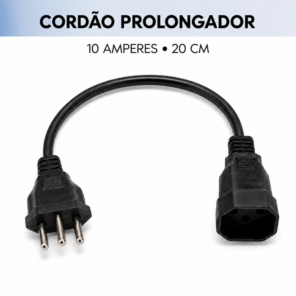 Cordão Mini Prolongador para televisão alta qualidade de 10 Amperes e Cabo de 20 cm Preto Force Line