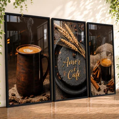 Quadros Decorativos Kit 3pçs Café Cantinho Amor Luxo Espaço Trigo Cafeteria Moderno