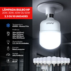 Kit 3, 5 ou 10 Lâmpadas Led Bulbo Hp 20w, 30w, 40w ou 50w 6500k Branco Frio E27 Bivolt Avant
