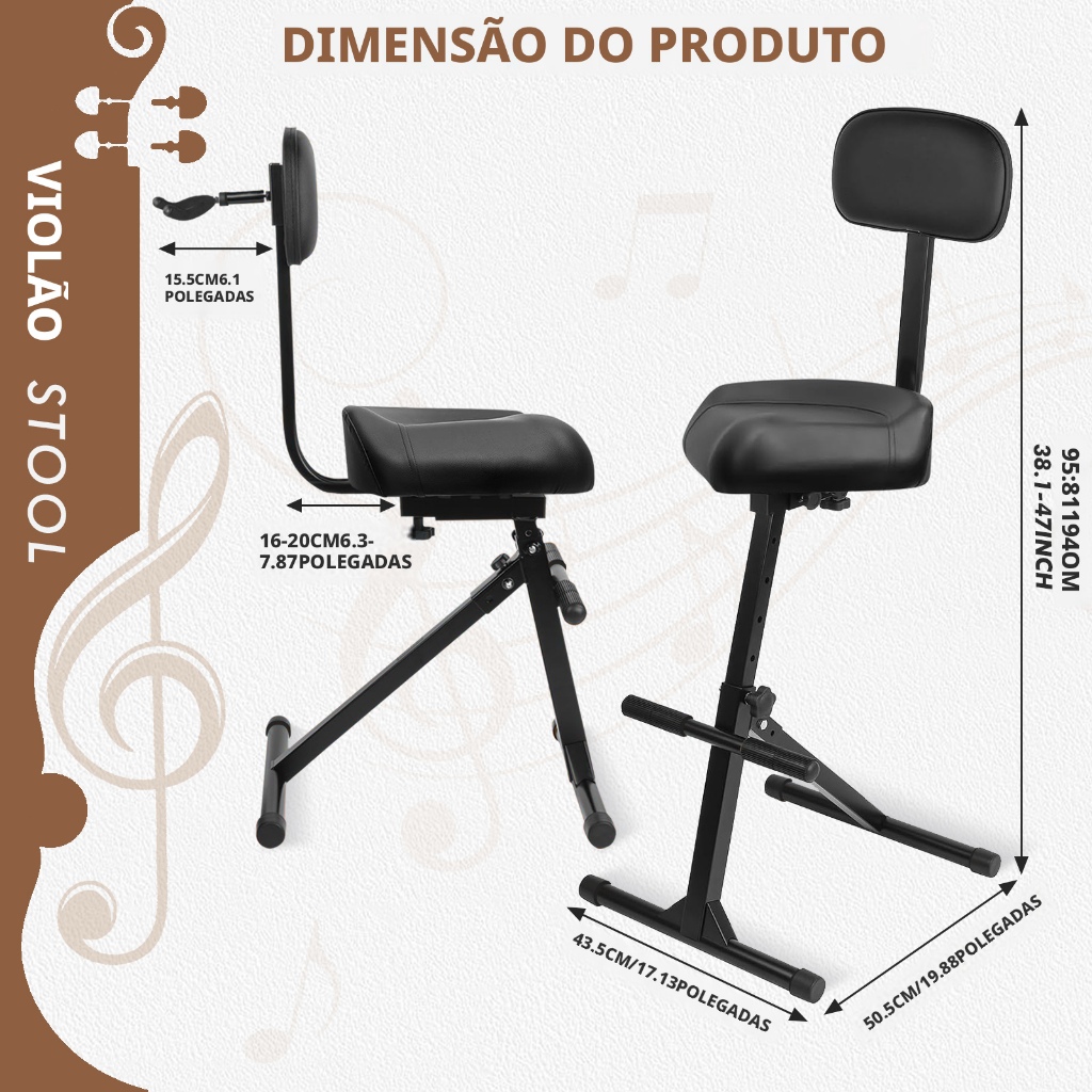 Foldable Black Guitar Stool Adjustable Drum Seat Musician Chair Padded Backrest Stool for Recording Guitar Stool — imagem 2 de 2