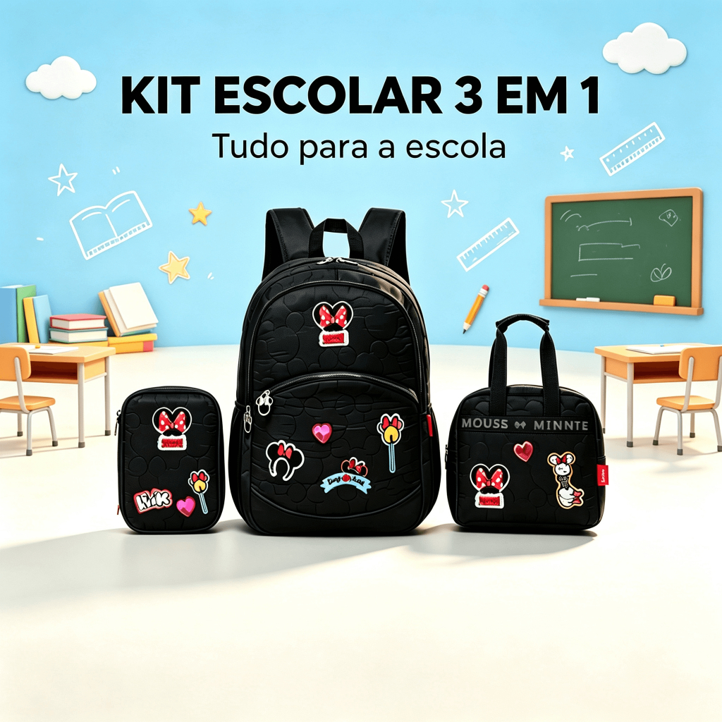 Kit Minnie Mochila Lancheira Estojo Escolar Infantil Disney