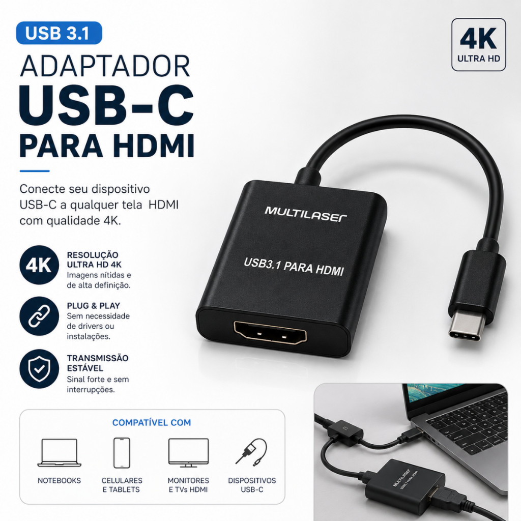 Adaptador USB-C Para HDMI 4K 60Hz Cabo 3.1 HDTV Laptop MacBook Notebook TV Projetor Tablet Monitor Macho Para Fêmea