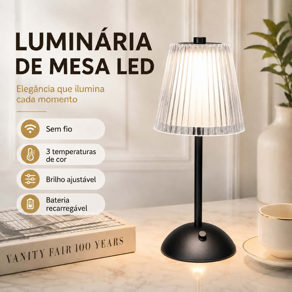 Luminária de Mesa LED Touch Recarregável Sem Fio 3 Cores Abajur para Quarto Sala Bar