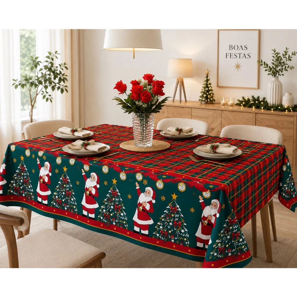 Toalha de Mesa Natalina 4, 6 e 8 Lugares Oxford Natal Estampada Papai Noel Vermelho Verde — imagem 1