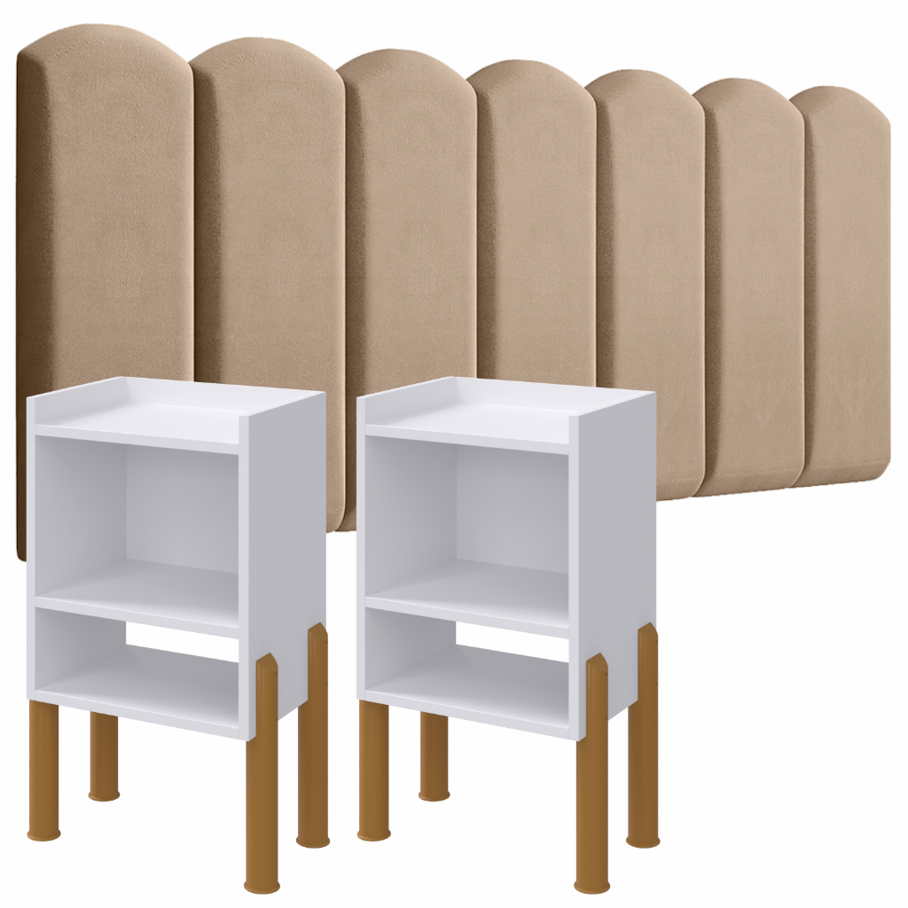 Cabeceira Modulada Nuvem Estofada + 2 Mesas de Cabeceira com Nicho Organizador e Porta Celular