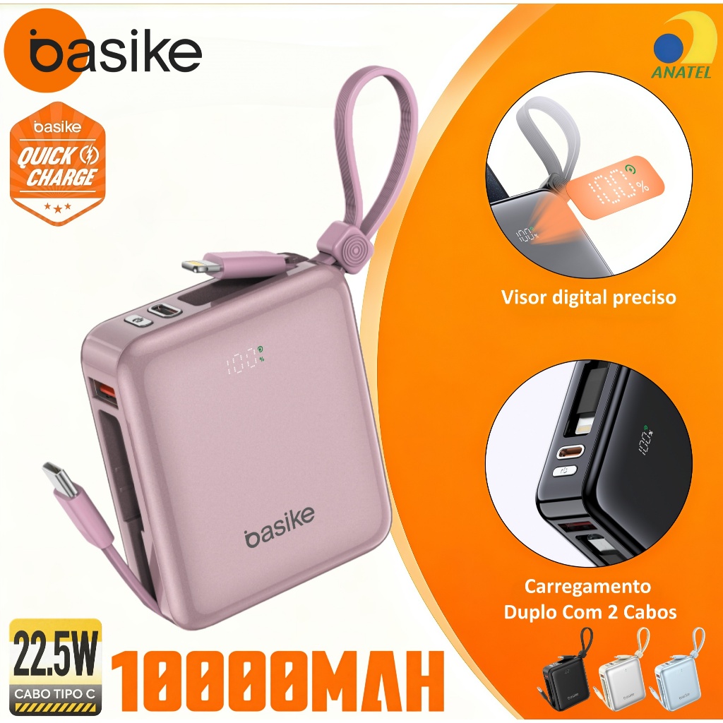 BASIKE Power Bank 10000mAh Mini PD 22.5W Carregamento Rápido Duplo com 2 Cabos Integrados