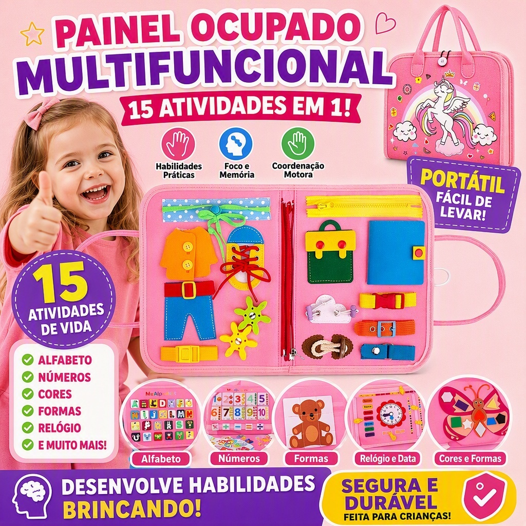 Kit Quadro de Atividades Infantil 15 em 1 Maleta Unicornio Portátil Jogo Educativo Brinquedo Multifuncional