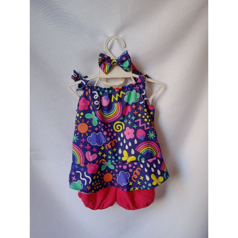 Conjunto Infantil Menina Verão Bata Estampada + Short + Laço Cabelo 3 Peças