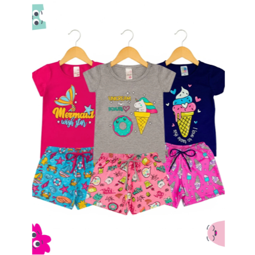 Produto Sortido 6 PeçaKit s de Roupas Infantil Menina 3 Camisetas + 3 Bermudas - Kit 3 Conjuntos Infantil Menina Verão B