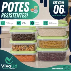KIT DE 6 POTES QUADRADOS NOS 2 TAMANHOS MAIS USADOS NA COZINHA 600ML + 1300ML