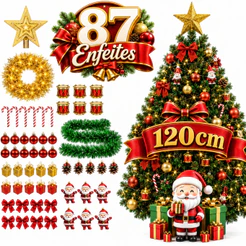 Árvore de Natal 1,20m Verde/Nevada Decorada + 87 Enfeites 110 Galhos Promoção Natalina Apartamento