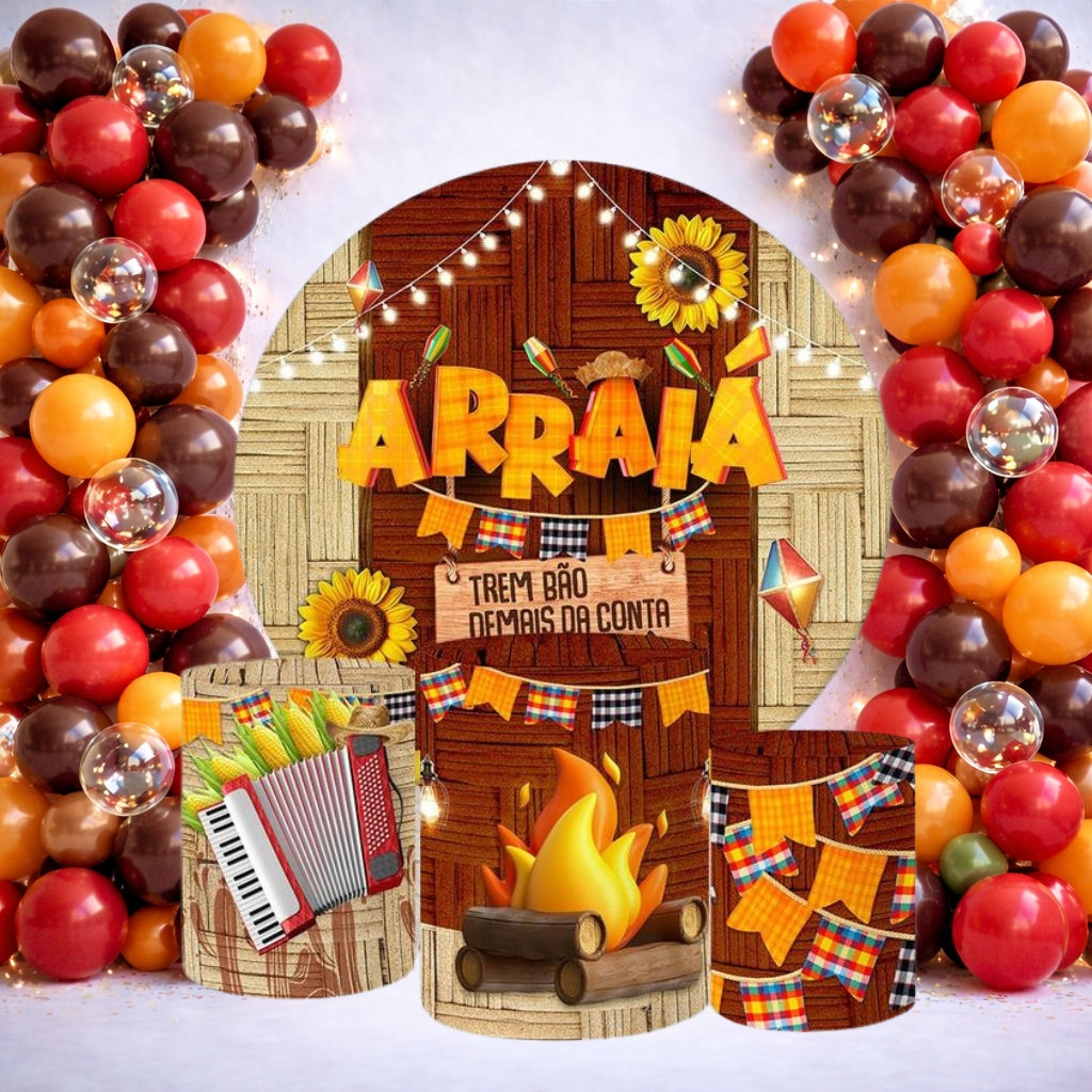 Kit Capa De Painel Redondo + 3 Capas De Cilindros Sublimado Tema Festa Junina Arraiá Decoração