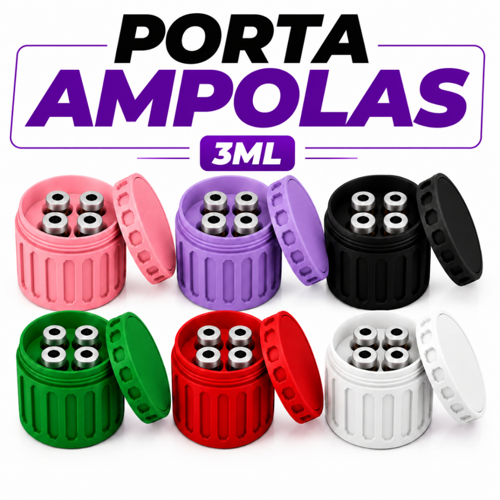 Porta Ampola 3ml Organizador Seguro Discreto Rígido Peptídeos - Case de 4 Ampolas - 4 Tampas