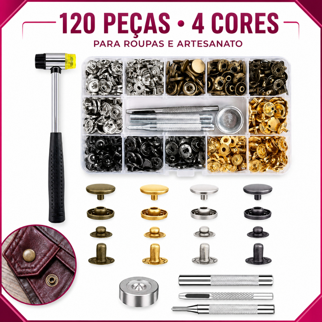 Kit 120 Botões Pressão 12mm Costurados Metal - Oculto c/ Estojo e Ferramentas p/ Roupas e Bolsas DIY