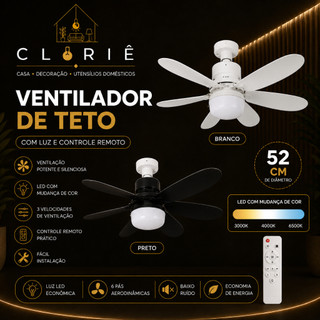 Ventilador Luminária De Teto LED Com  6 Folhas 52CM 80W Grande Forte Com Controle  Cor Branco Preto