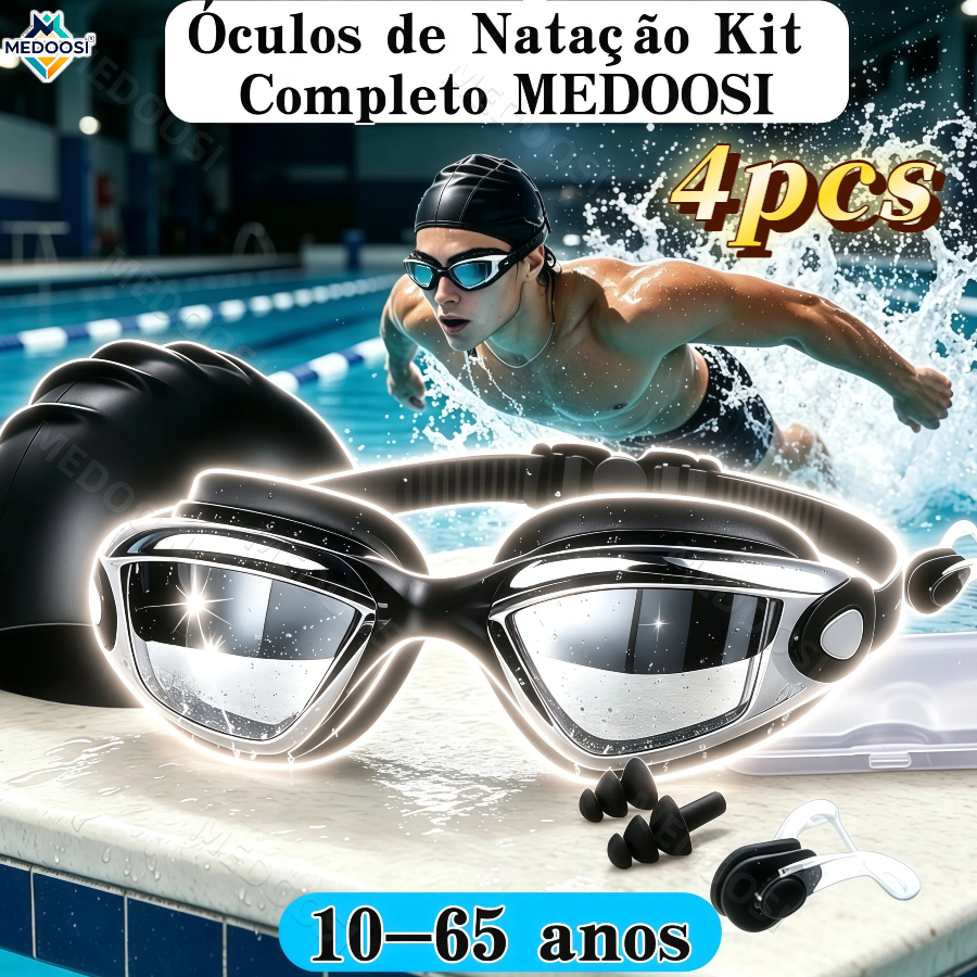 MEDOOSI Kit Natação Antiembaçante Proteção UV Adulto e Infantil | Óculos HD + Touca + Tampões + Narizeira + Estojo