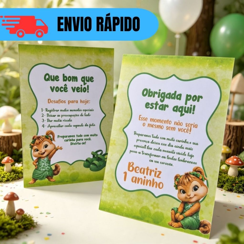 Kit 15~20 Plaquinha de Mesa Esquilete Verdinha Personalizados Festa Lembrancinha Mimo Aniversário Infantil Chá de Bêbe