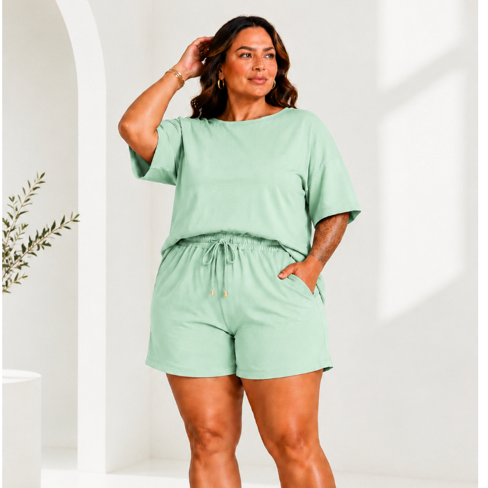 Conjunto Blusa e Shorts Feminino Plus Size Casual em Moletinho para Verão