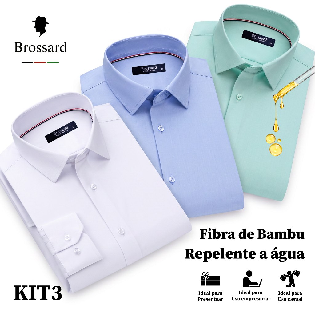 Kit 3 Camisa Social Masculina Premium Slim Não Amassa, Blusa Ótimo Caimento Resistente a Respingos