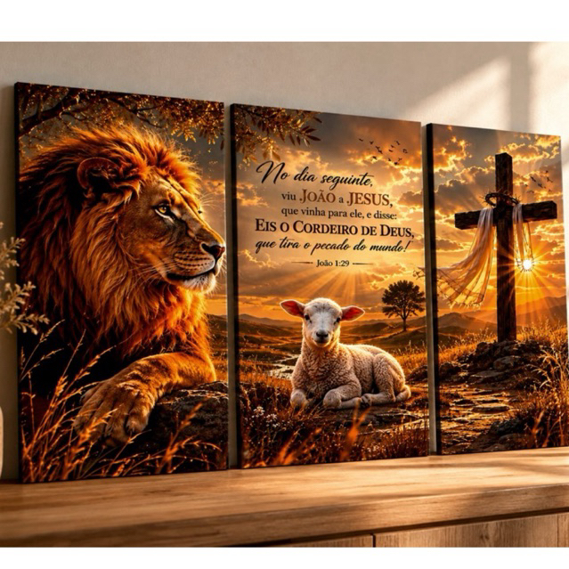 Quadros Decorativos Leão De Judá e Cordeiro De Deus Religioso Por Do Sol 3 Peças Decoração Sala Quarto Escritório