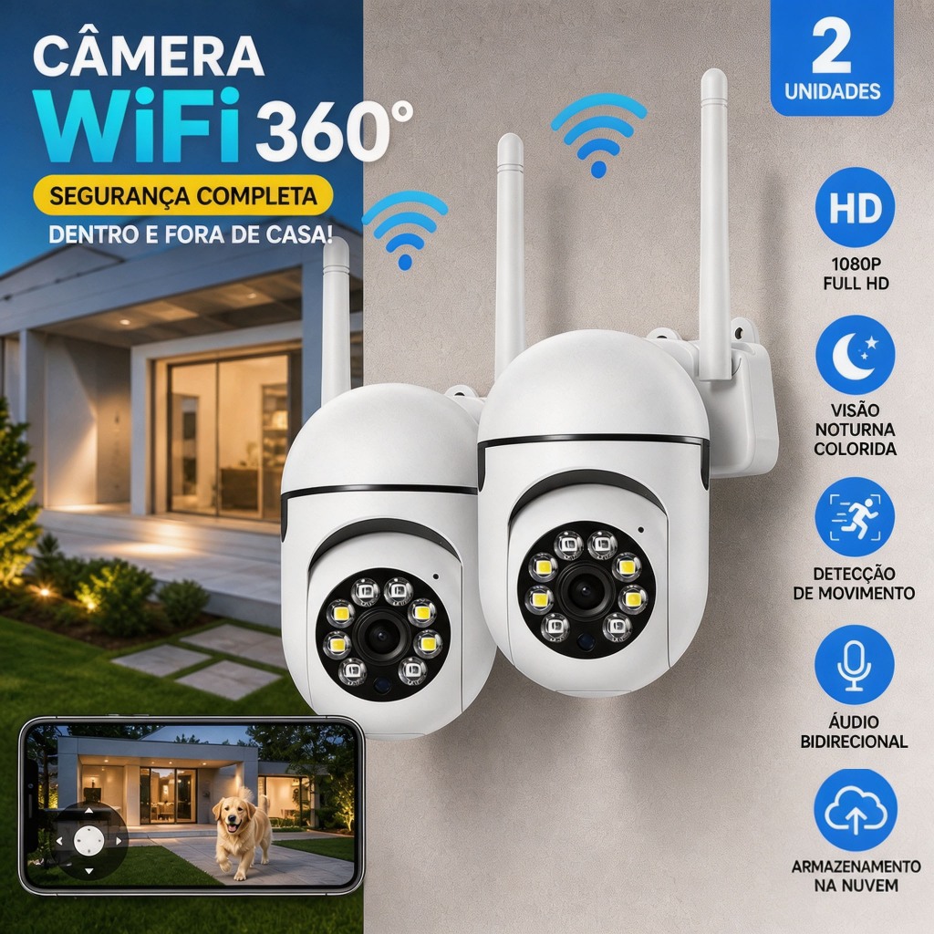 KIT 2 Câmeras WiFi HD Interna/Externa 1080p Visão Noturna Colorida Sensor Movimento À Prova d'água P03