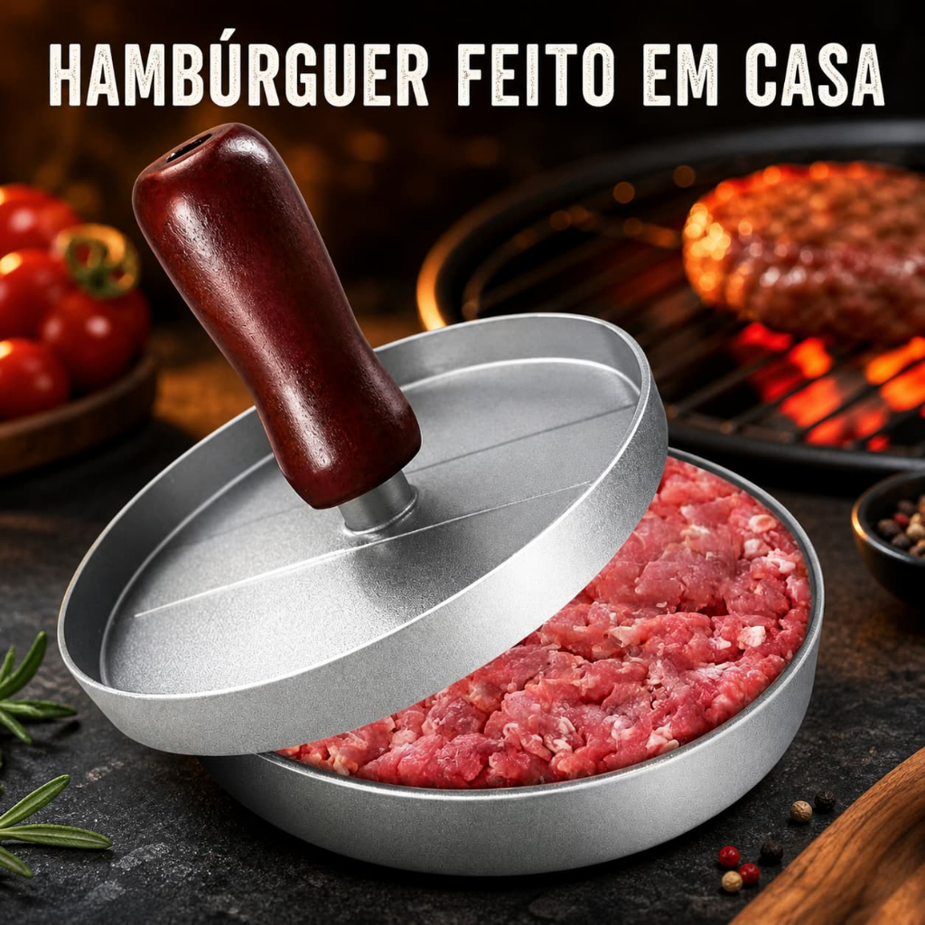Modelador de Hambúrguer Manual com Cabo de Madeira para Preparar Hambúrgueres Caseiros para Churrascos e Refeições