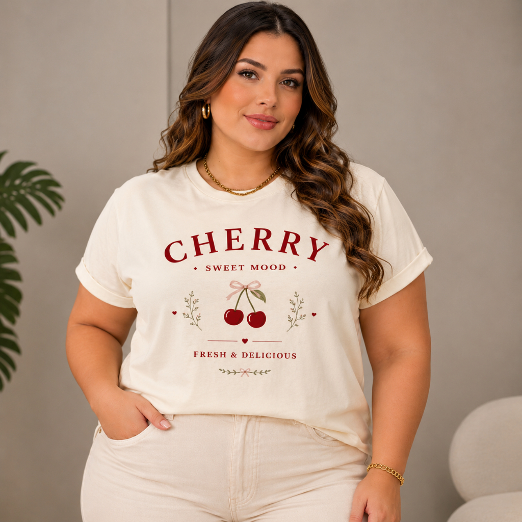 Camiseta Feminina Plus Size 100% Algodão Cherry Cereja Camisa Básica Blusa Estampada G1 G2 G3