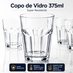 Copo de Vidro 375ml Super Resistente Grosso Reforçado Água Suco Drinks Uso Diário Kit 3, 6 e 12