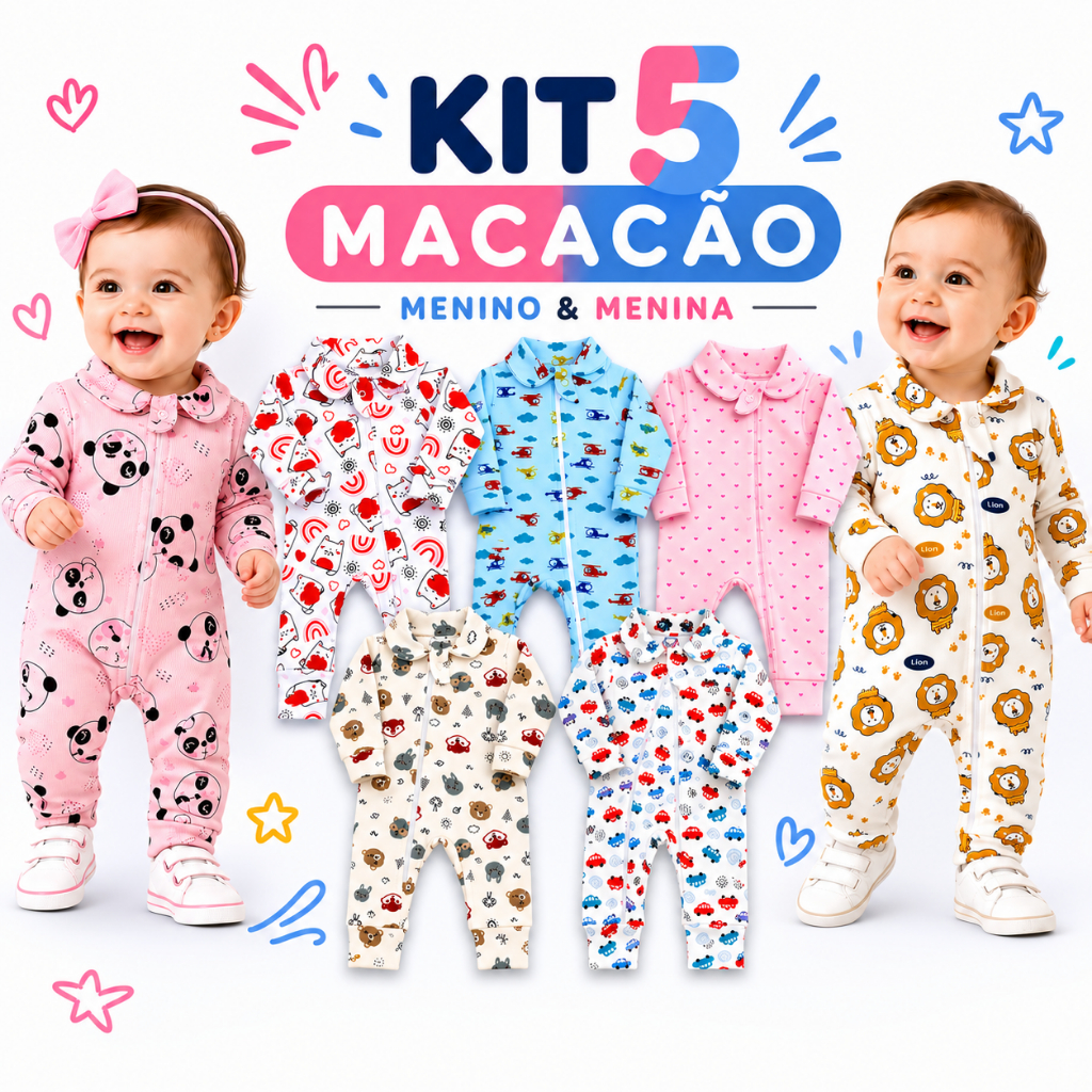 Kit 5 Macacão Longo Estampado Para Bebê Com Zíper 100% Algodão Menino Menina RN P M G