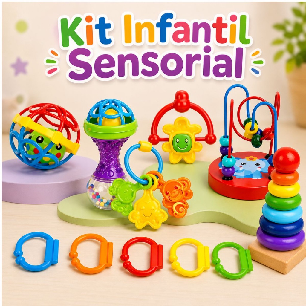 Kit Brinquedos Educativo Infantis Sensoriais Unissex Torre Labirinto Chocalho