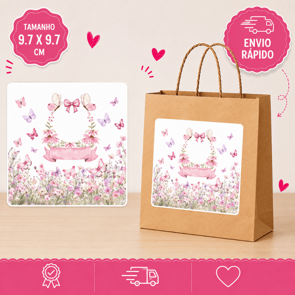 Adesivo Personalizado para Sacolinha de Aniversário Jardim Borboleta 9,7x9,7cm | Rótulo para Lembrancinha