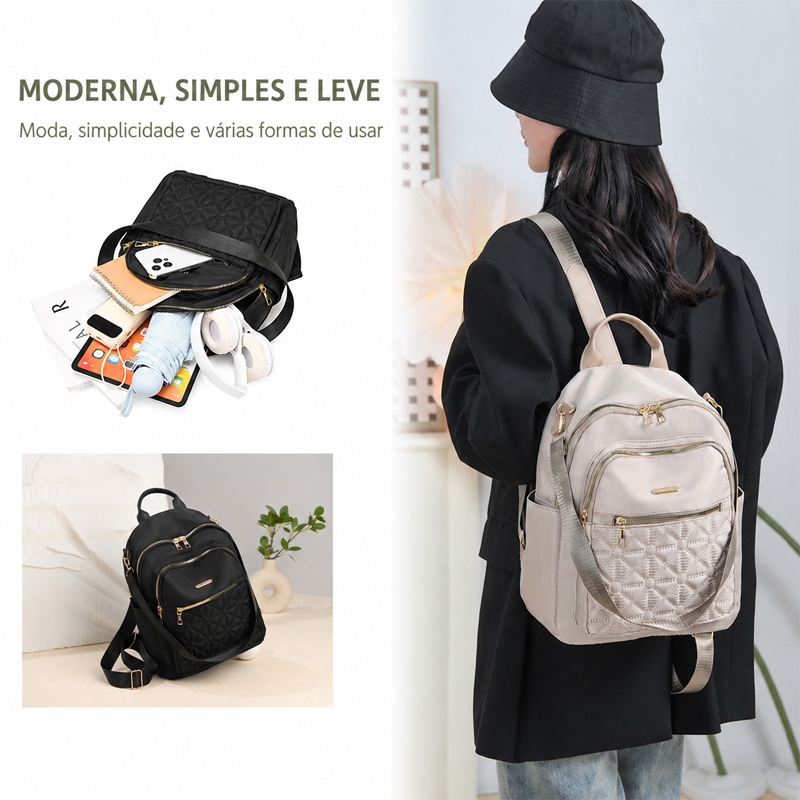 Mochila Feminina Casual com Muitos Bolsos Leve e Espaçosa Bolsa de Costas para Passeio Viagem e Trabalho — imagem 2 de 2
