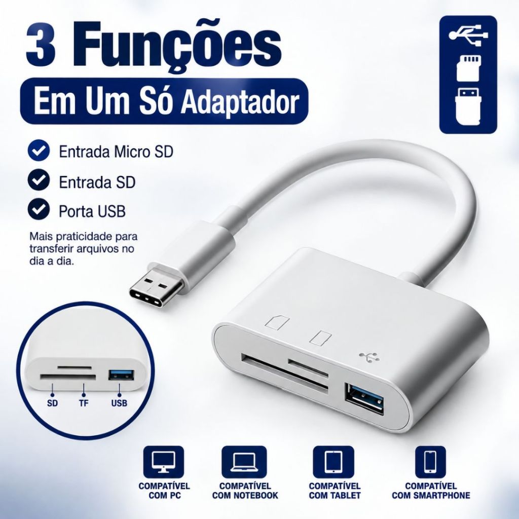 Adaptador USB-C 3 Em 1 Leitor De Cartão SD Micro SD Com USB