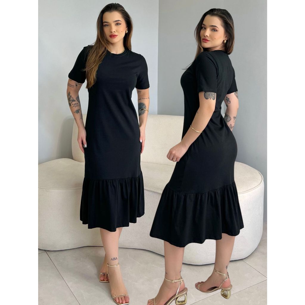 Vestido Saia Midi com Babado Soltinho Manga Curta Moda Evangélica Elegante Casual 100% Algodão Festa