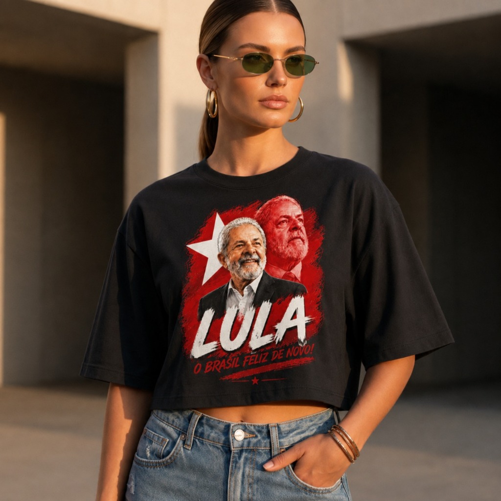 Cropped Feminino Presidente Lula Moda Oversized T-Shirt Top Básica Algodão PT