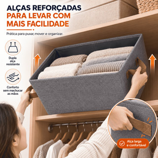 Cesto de Armazenamento Dobrável em Linho Cinza, Grande Capacidade, com Alça de Couro Fácil de Armazenar