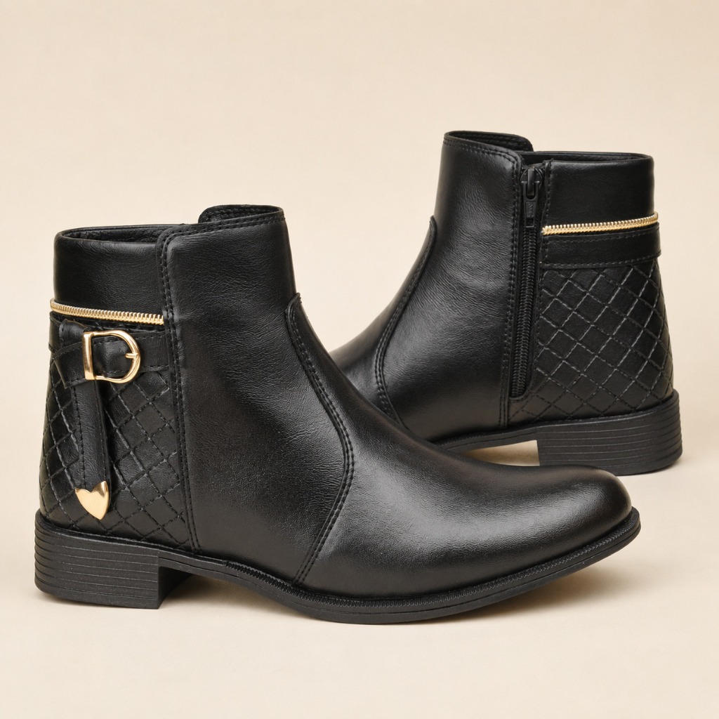 Bota Feminina Cano Curto com Zíper Lateral Salto Baixo Fivela Dourada Casual Moderna