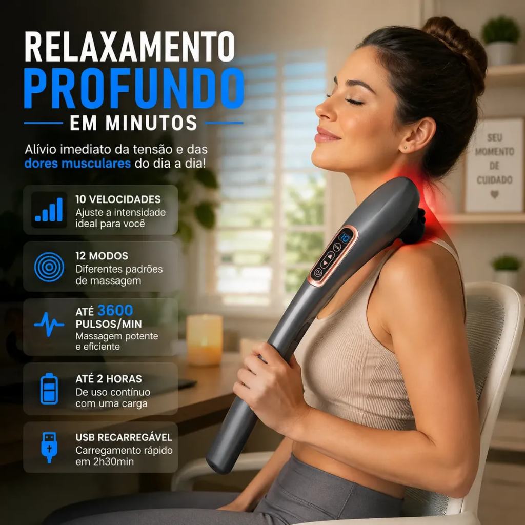 Massageador Elétrico Sem Fio 12 Modos 10 Velocidades 7 Cabeças Para Costas Pescoço Ombro Recarregável USB