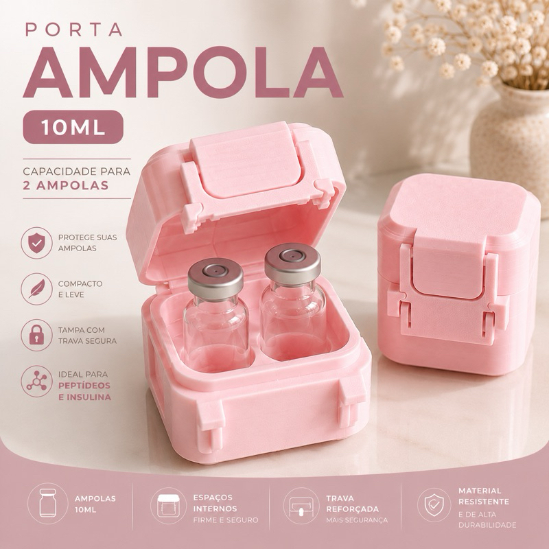 Porta Ampola 10ml para 2 Ampolas | Estojo Organizador | Caixa para Medicamentos, Peptídeos e Insulina | Tampa com Trava