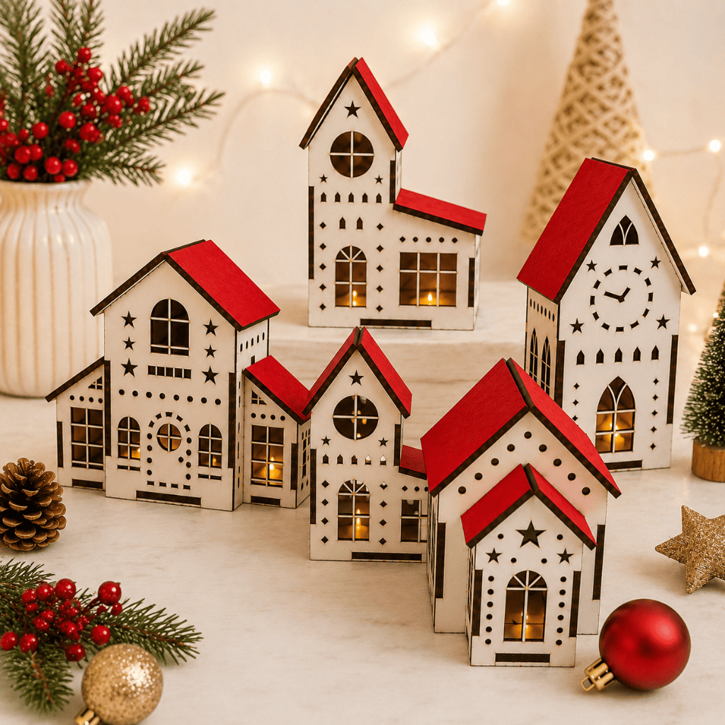 Kit 5 Casinhas de Natal Vila Natalina Cenário Natalino Enfeite Decoração de Natal MDF