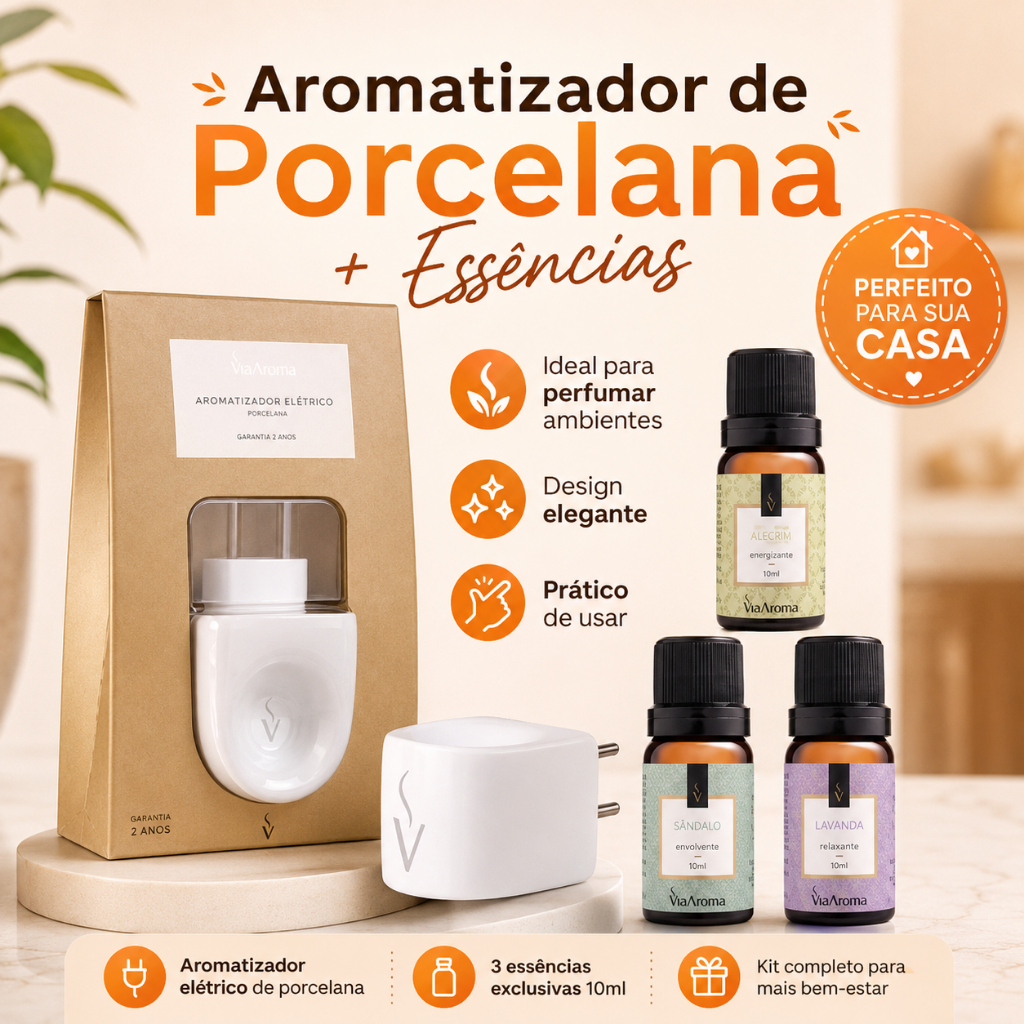 Kit Via Aroma: Aromatizador difusor Porcelana + Essência 10ml (Escolha a Fragrância)