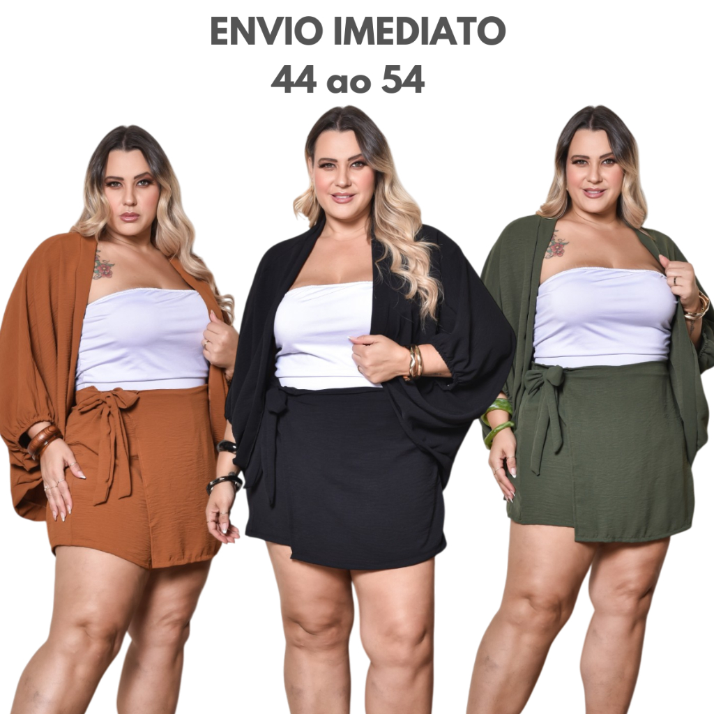 Conjunto Kimono Short Saia Plus Size e Kimono Duas Peças Moda Praia Quimono Estampado e Liso Verde Preto Marrom G1 G2 G3