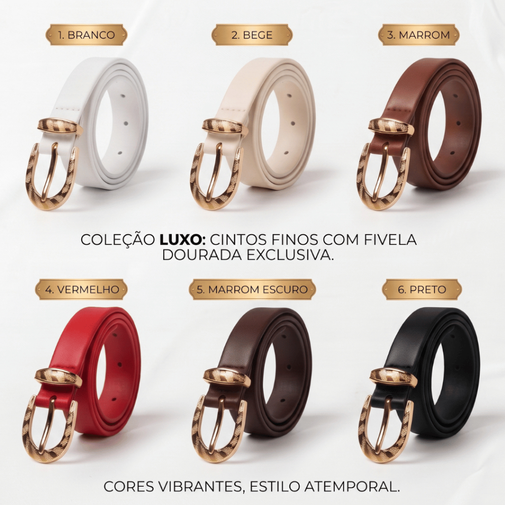 Cinto Feminino com Fivela Dourada Elegante | Cinto de Couro Sintético para Looks Casuais e Sociais