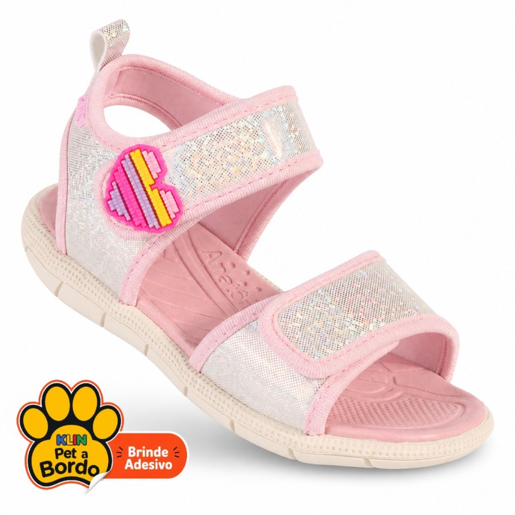 Papete Infantil Menina Klin Tic Tac Anatômica Leve Calce Fácil Com Velcro Rosa e Prata Holográfica com Coração e Estrela