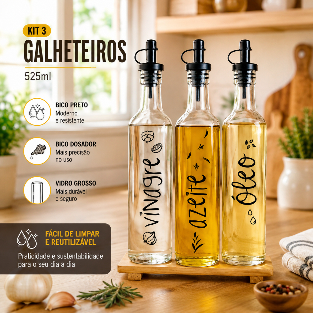Kit 3 Galheteiros de Vidro Grande 525ml com Bico Dosador para Azeite Óleo Vinagre para Cozinha