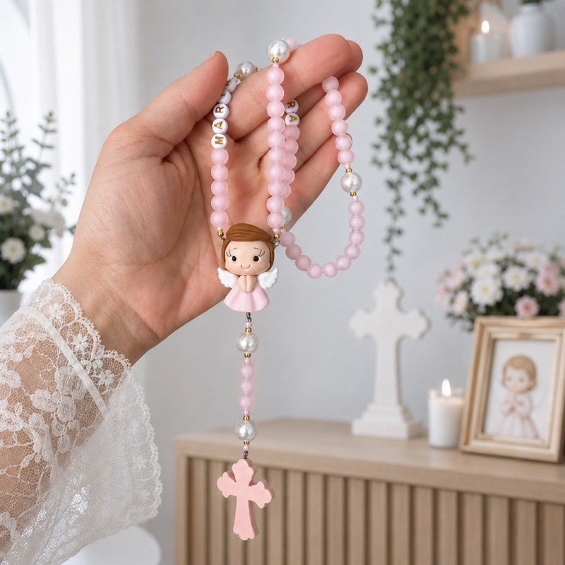 Terço infantil para berço batizado e nascimento personalizado Doce Anjinha kit com caixa de presente Terço menina
