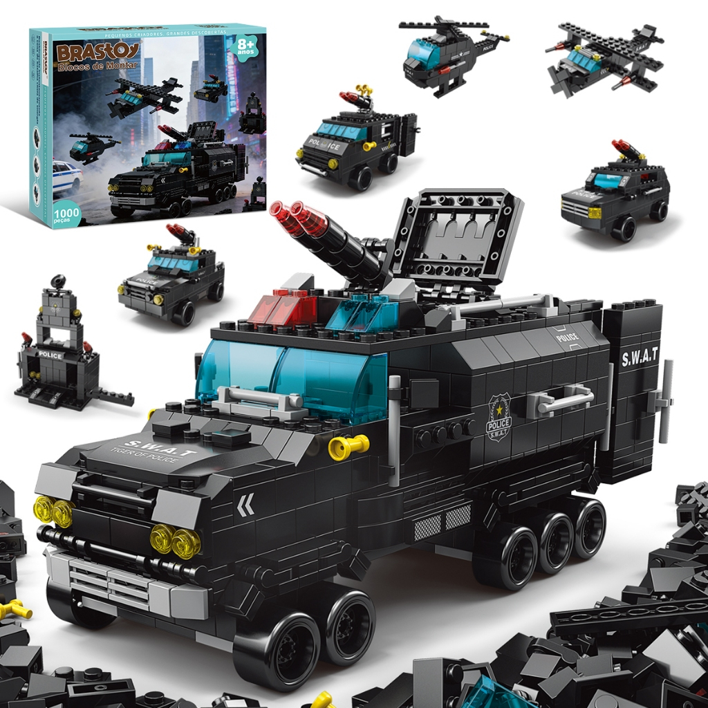 Kit Polícia SWAT 1000 Peças Blocos de Montar 6 em 1 - Brinquedo Educativo com Certificação INMETRO