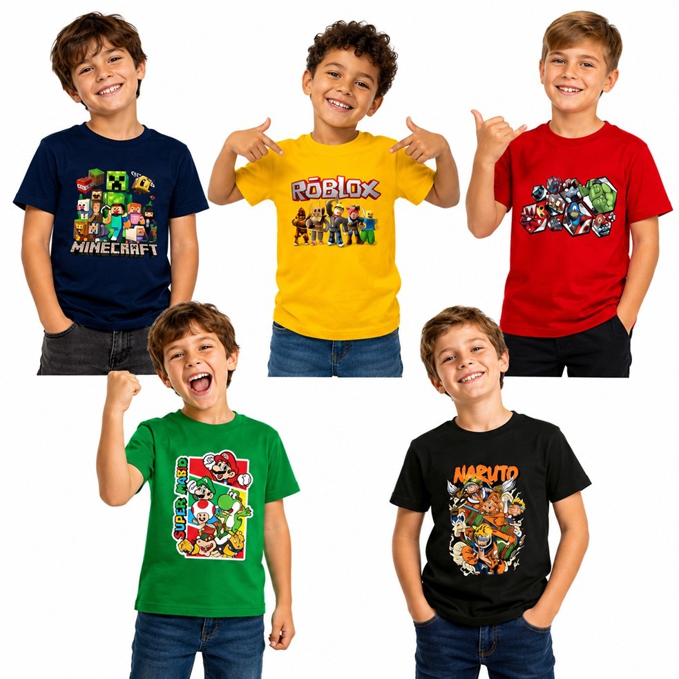 Kit com 5 Camisas Infantil Camisetas Infantil Masculino Menino Sortidas Personagens Diversos Tecido Leve e Confortável