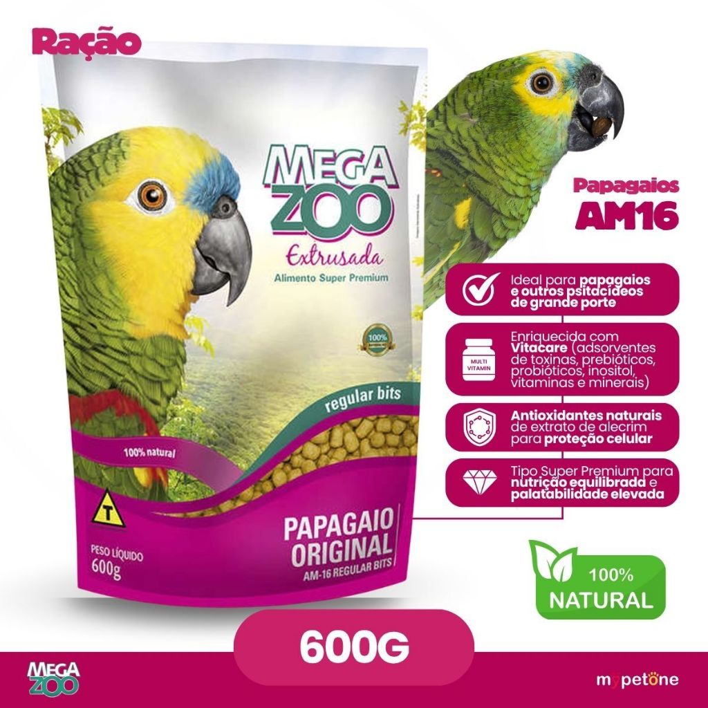 Ração Extrusada Megazoo Papagaio Original 600g Super Premium (Mini Bits, Regular Bits e Large Bits)
