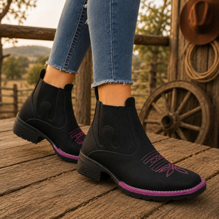 Botinha Feminina Western Bota Texana Bico quadrado Com Bordado